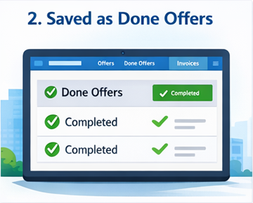 Потребителско табло, показващо приключени транспортни изпълнения, съхранени като Done Offers в ExusTrans